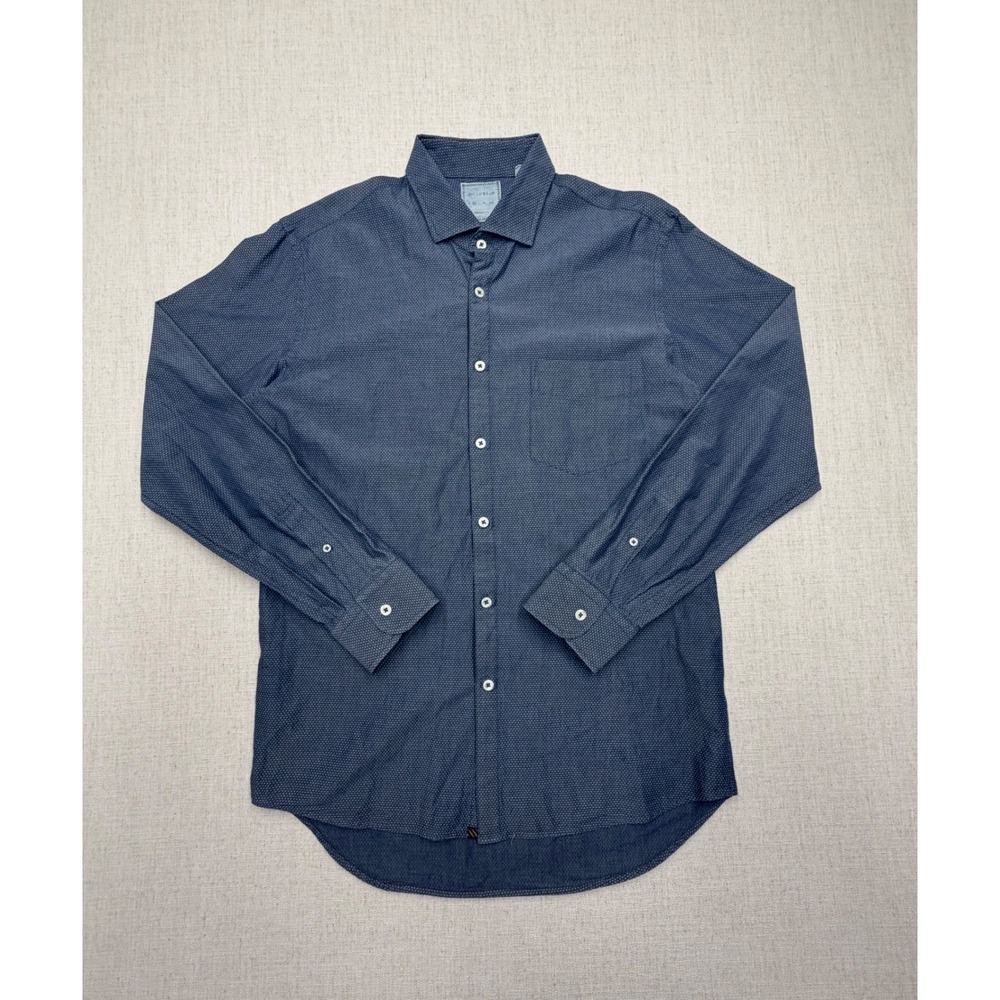 Billy Reid Mens Medium Navy Blue Micro Dot Button Down Shirt Standard Cut Cotton